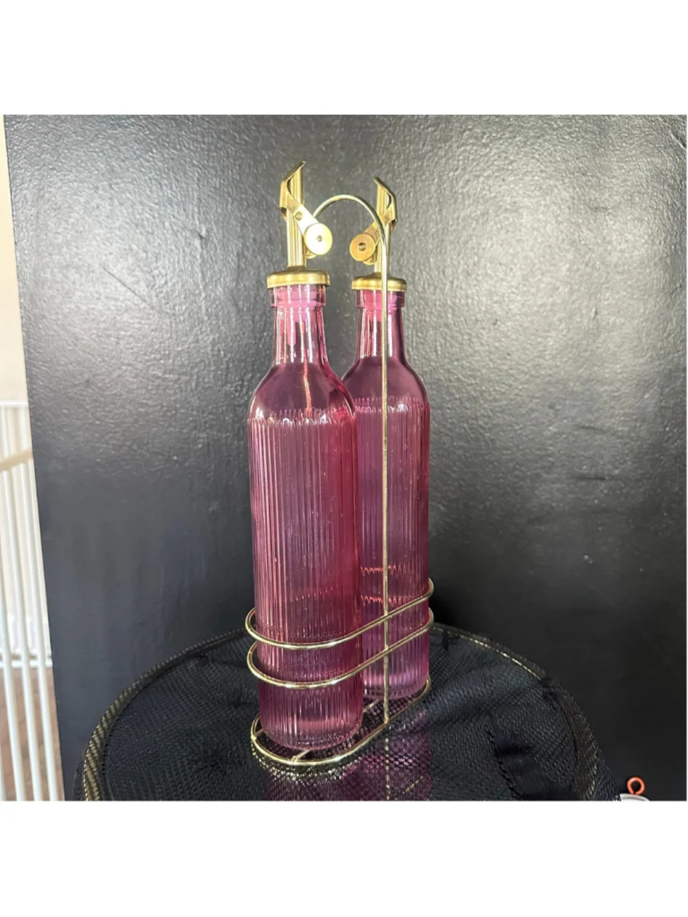 Vintage Pink Glass Cruet Set with Gold Stand One Size